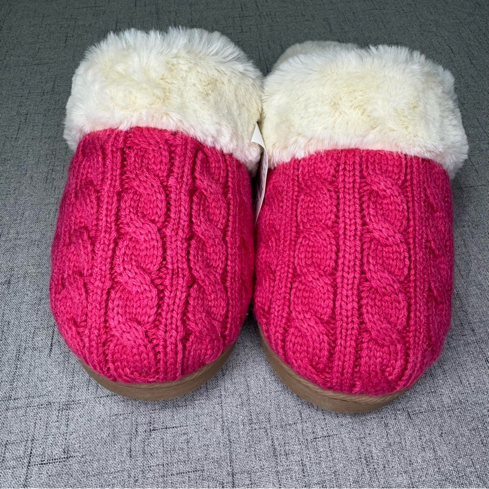 J. Crew Slippers Pink Cable Knit Fur Slippers Size 7 8 9 NWT - Picture 10 of 16